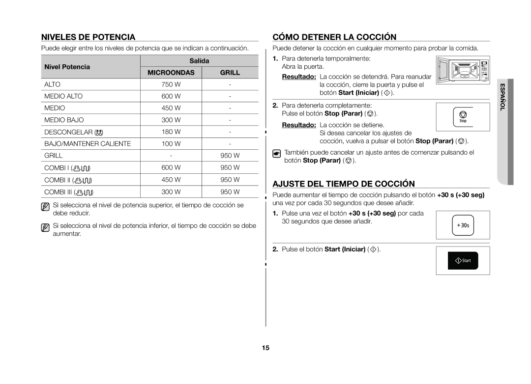 Samsung GW73B/XEC manual Niveles de potencia, Cómo detener la cocción, Ajuste del tiempo de cocción, Nivel Potencia Salida 