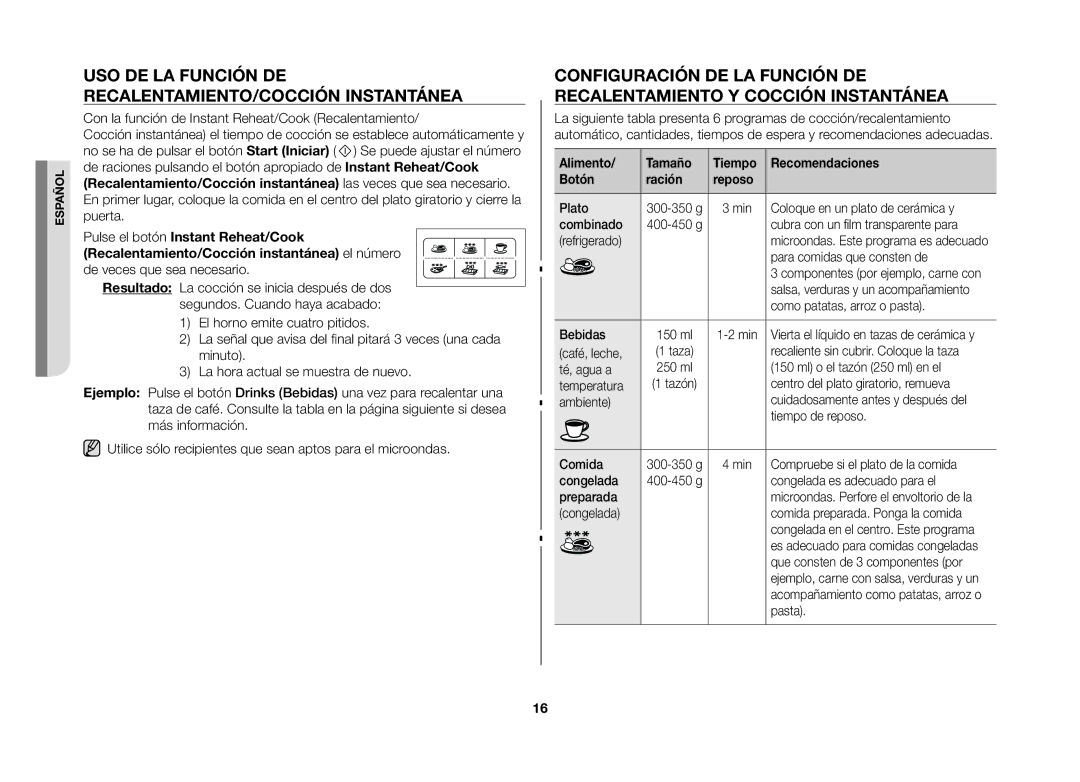 Samsung GW73B/XEC manual Uso de la función de Recalentamiento/Cocción instantánea 