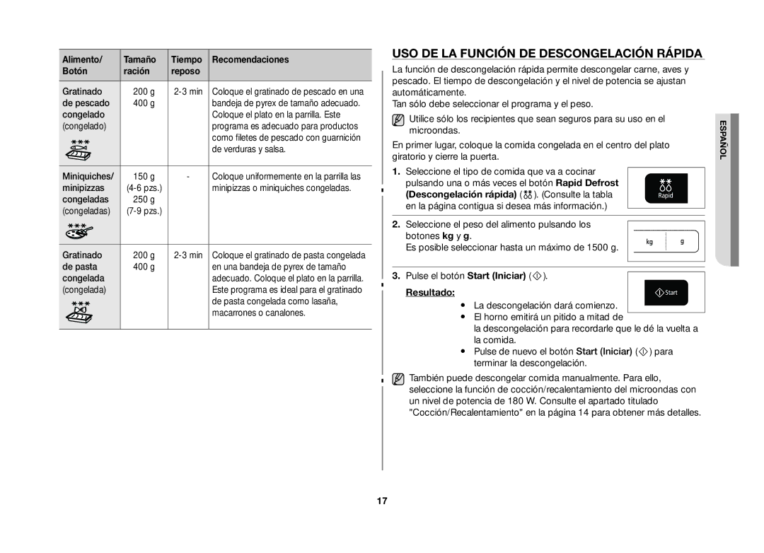 Samsung GW73B/XEC manual Uso de la función de descongelación rápida, Resultado 