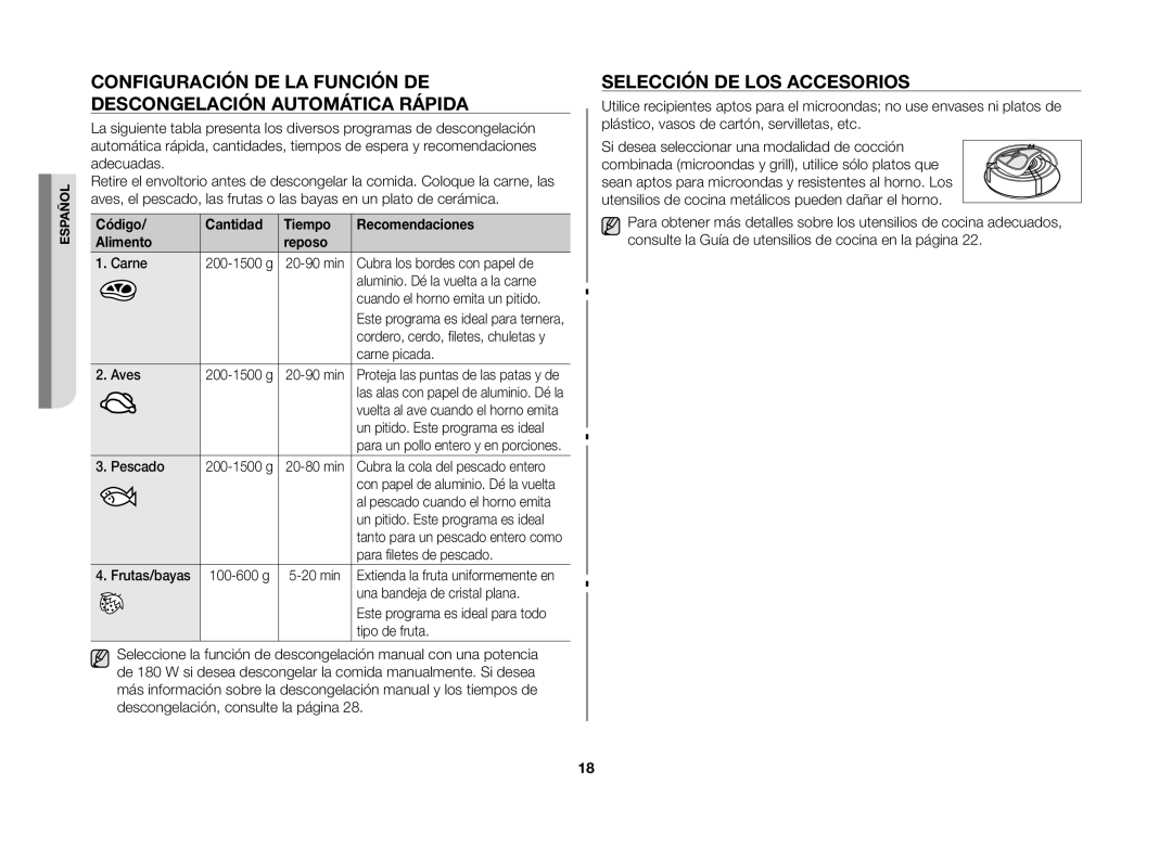 Samsung GW73B/XEC manual Selección de los accesorios, Código Cantidad Tiempo Recomendaciones Alimento Reposo 