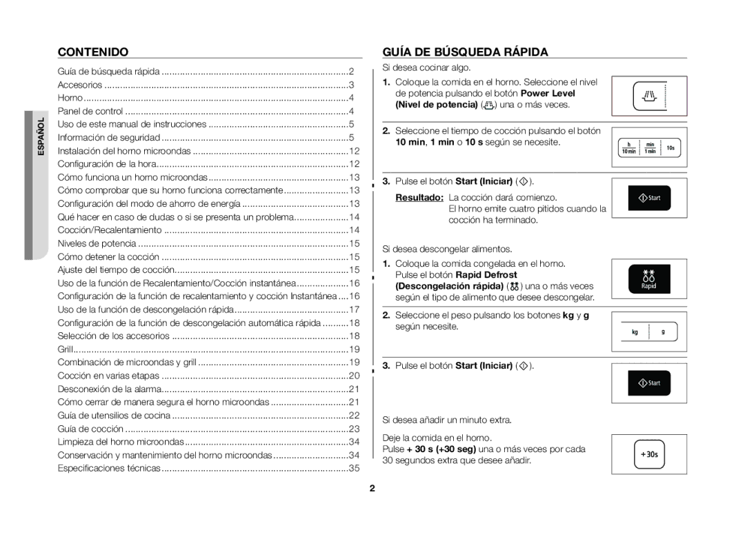 Samsung GW73B/XEC manual Contenido, Guía de búsqueda rápida, Si desea cocinar algo 