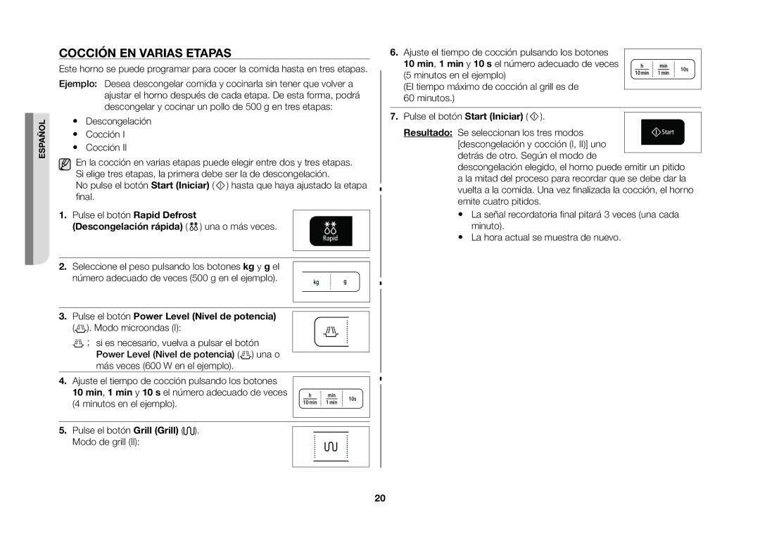 Samsung GW73B/XEC manual Cocción en varias etapas,  Descongelación  Cocción, Descongelación rápida una o más veces 