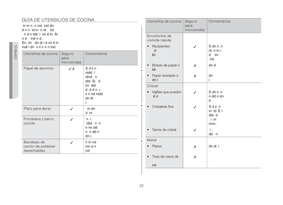 Samsung GW73B/XEC manual Guía de utensilios de cocina 