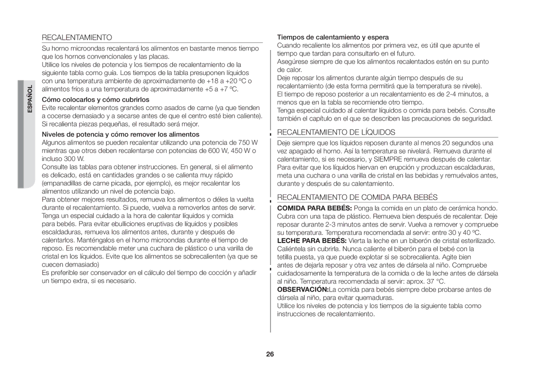 Samsung GW73B/XEC manual Recalentamiento 