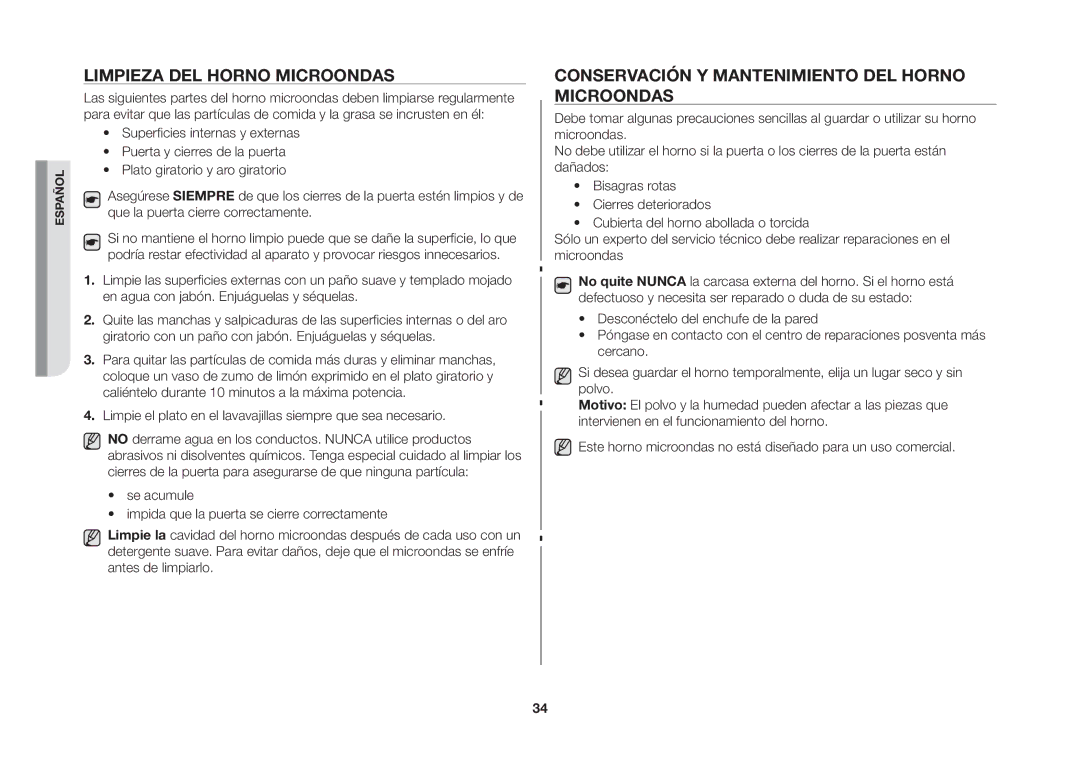 Samsung GW73B/XEC manual Limpieza del horno microondas, Conservación y mantenimiento del horno microondas 