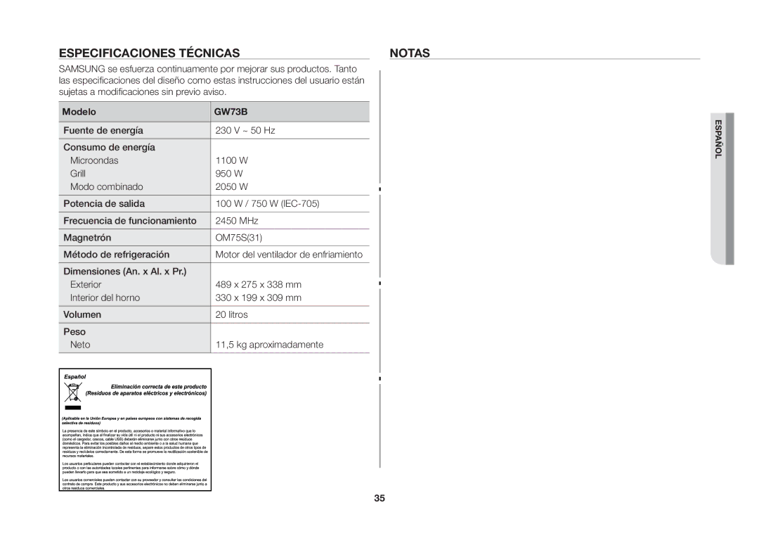 Samsung GW73B/XEC manual Especificaciones técnicas Notas, Sujetas a modificaciones sin previo aviso, Modelo 