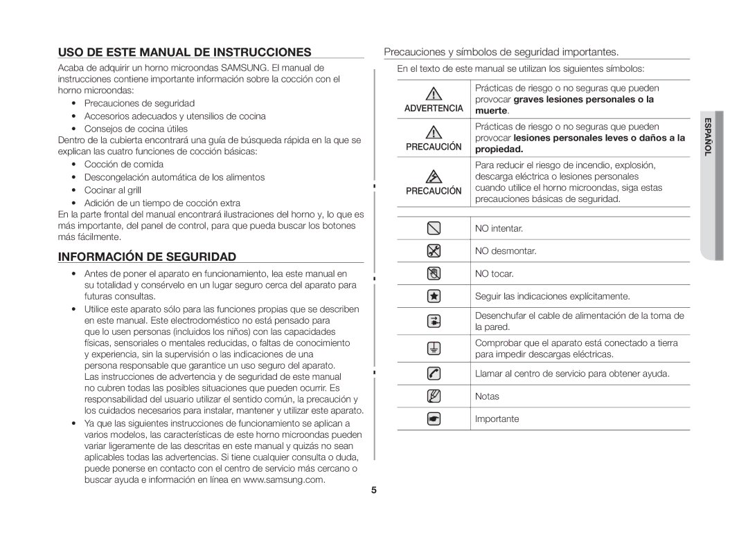 Samsung GW73B/XEC Uso de este manual de instrucciones, Información de seguridad, Provocar graves lesiones personales o la 