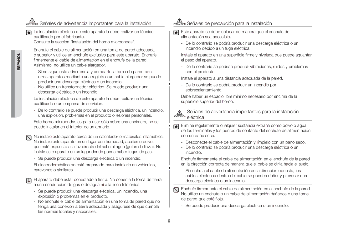 Samsung GW73B/XEC manual Precaución Señales de precaución para la instalación 