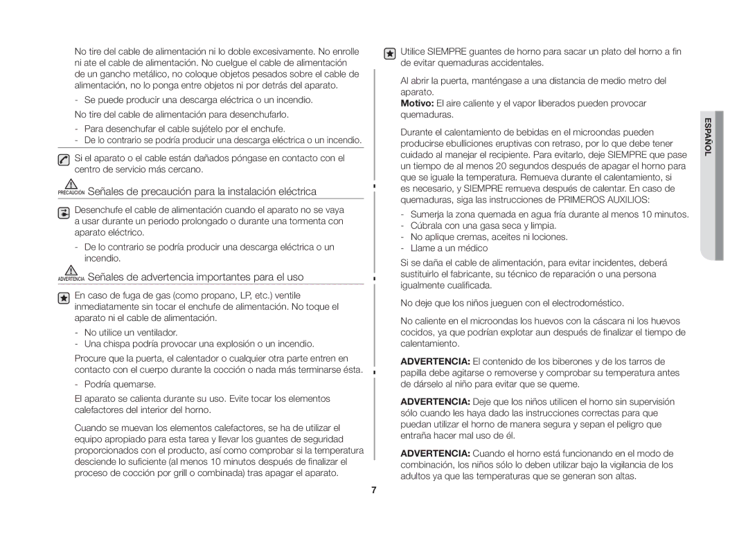 Samsung GW73B/XEC manual Advertencia Señales de advertencia importantes para el uso 