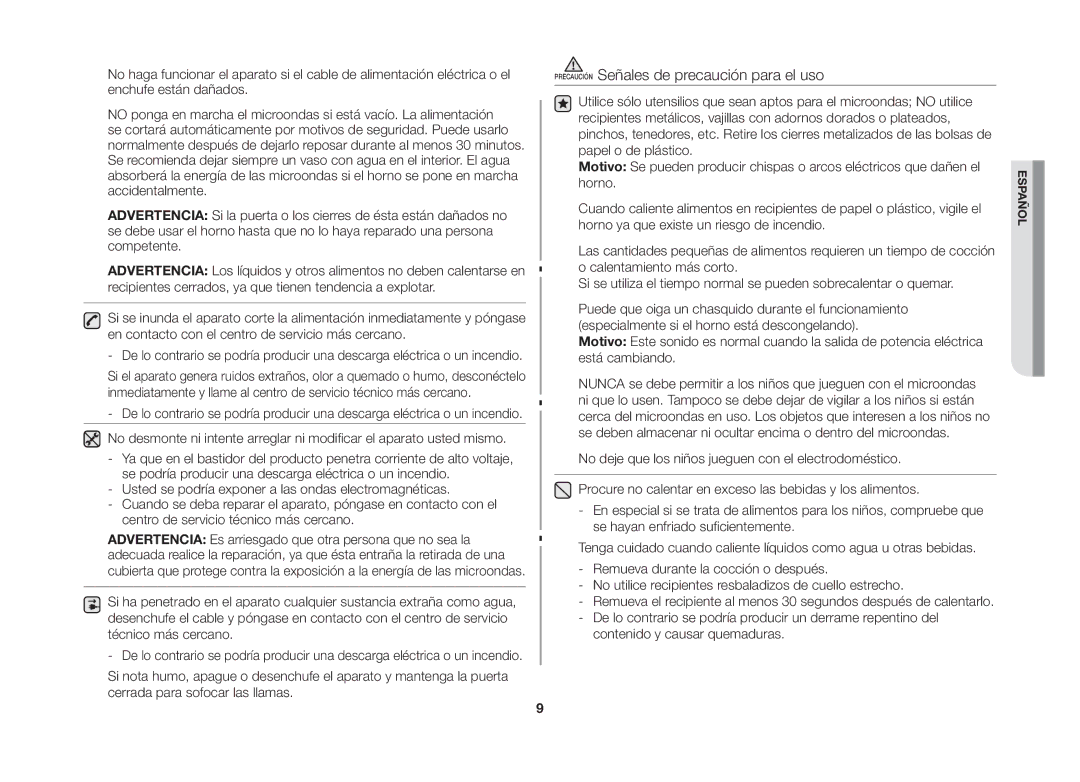 Samsung GW73B/XEC manual Precaución Señales de precaución para el uso 