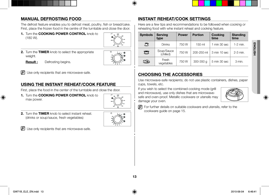 Samsung GW71B/XET, GW73B/XET Manual defrosting food, Using the instant reheat/cook feature, Instant reheat/cook settings 