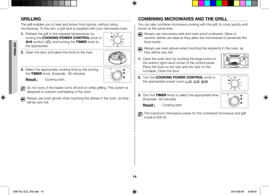 Samsung GW71B/BOL, GW73B/XET, GW71B/XET, GW71B/ELE, GW73B/ELE, GW73B/XEO manual Grilling, Combining microwaves and the grill 