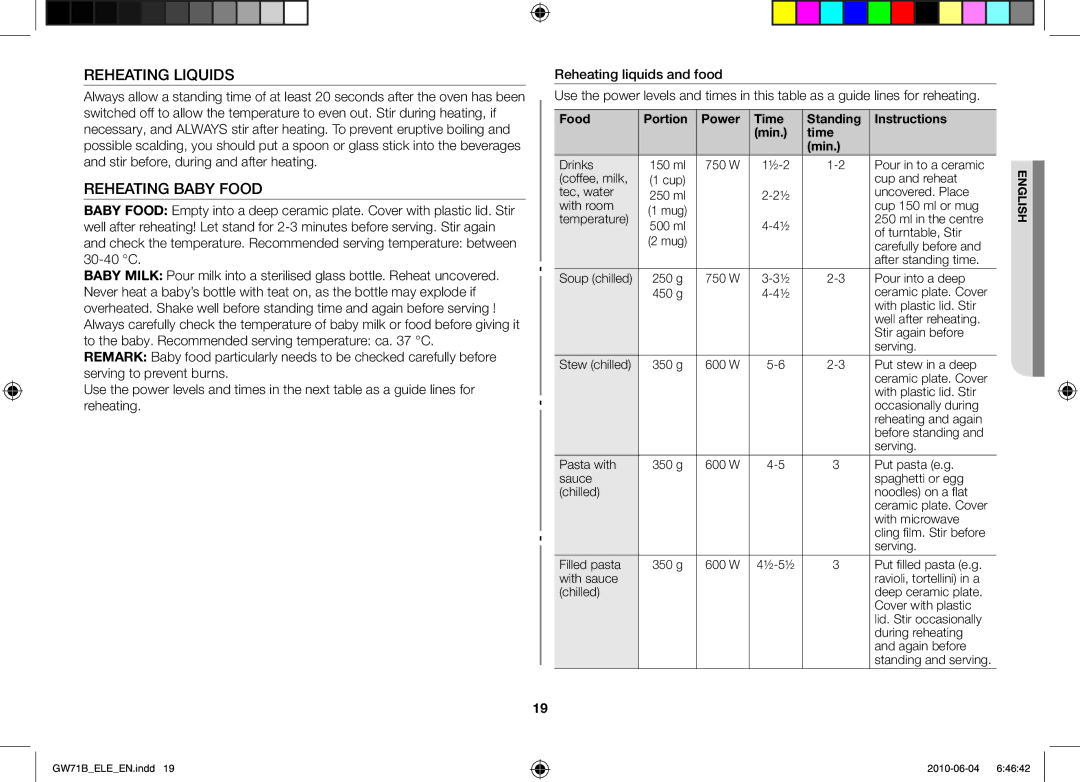 Samsung GW71B/XEO, GW73B/XET, GW71B/XET, GW71B/BOL, GW71B/ELE, GW73B/ELE, GW73B/XEO manual Reheating Liquids, Reheating Baby Food 