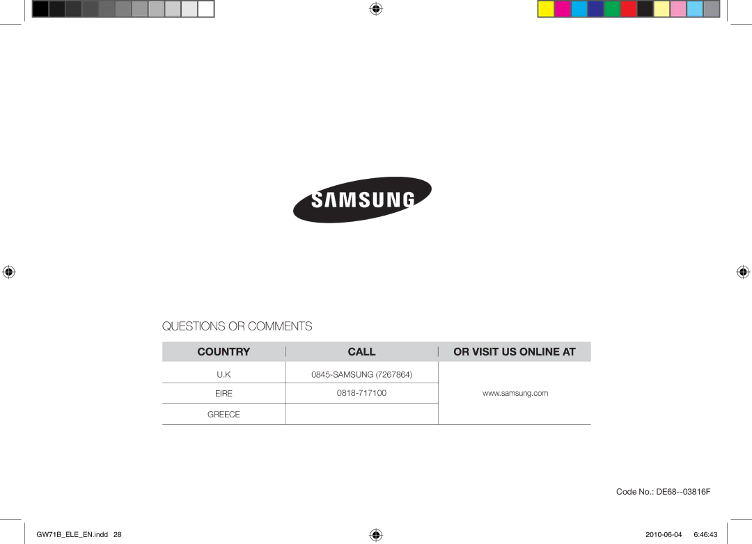 Samsung GW73B/XET, GW71B/XET, GW71B/BOL, GW71B/ELE, GW73B/ELE, GW73B/XEO, GW71B/XEG, GW71B/XEO manual Code No. DE68--03816F 