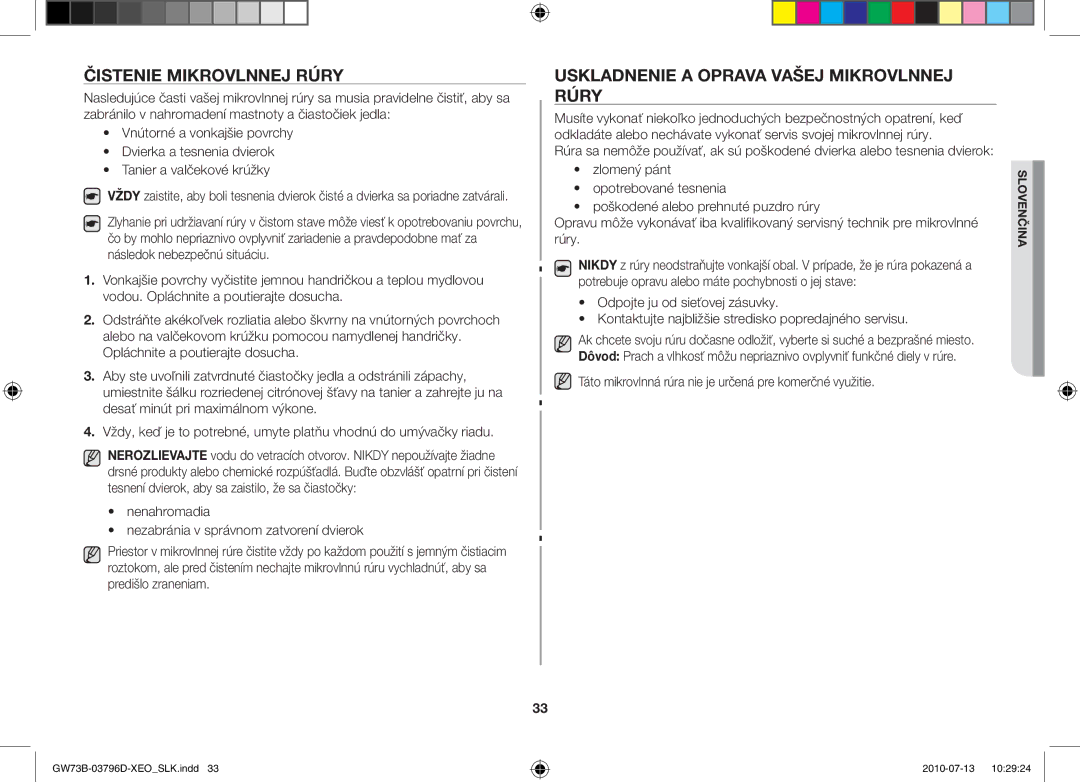 Samsung GW73B/XET, GW73B/ELE, GW73B/XEO manual Čistenie mikrovlnnej rúry, Uskladnenie a oprava vašej mikrovlnnej rúry 