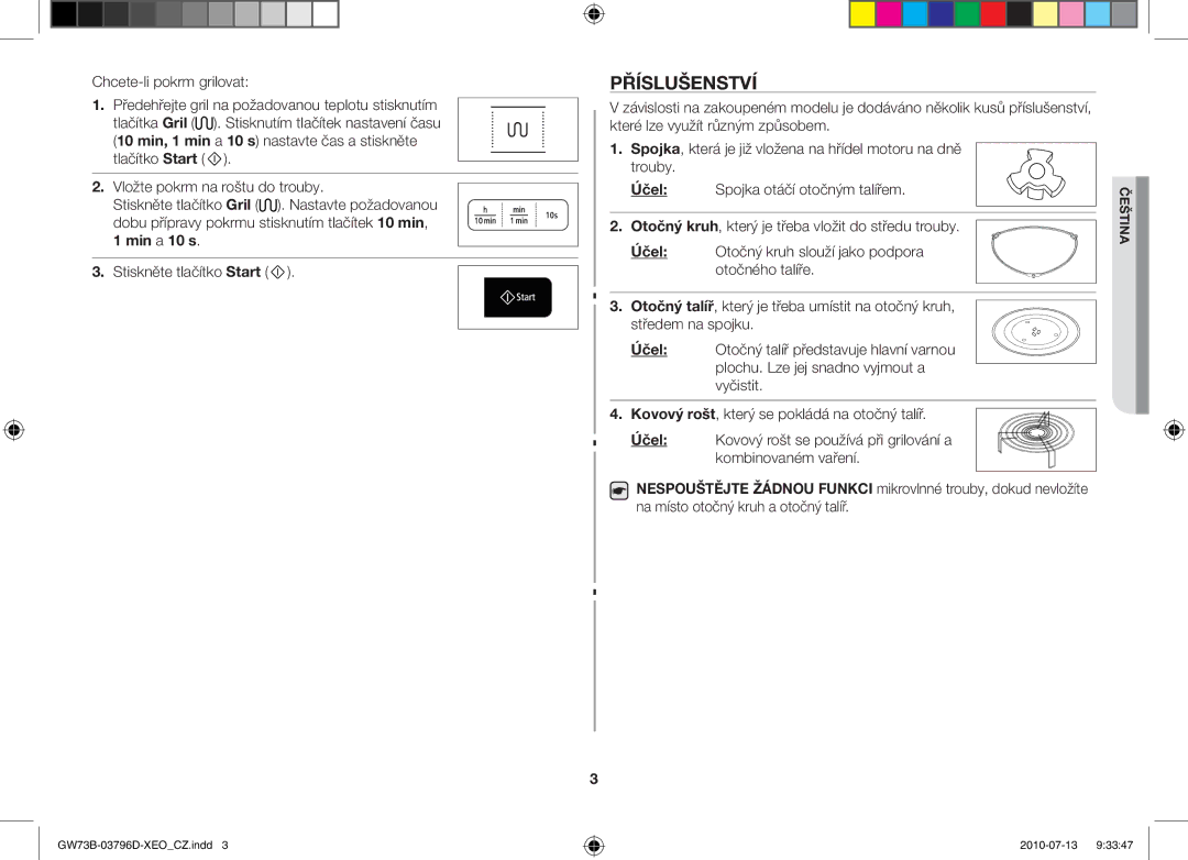 Samsung GW73B/XET manual Příslušenství, Spojka otáčí otočným talířem, Otočný kruh, který je třeba vložit do středu trouby 