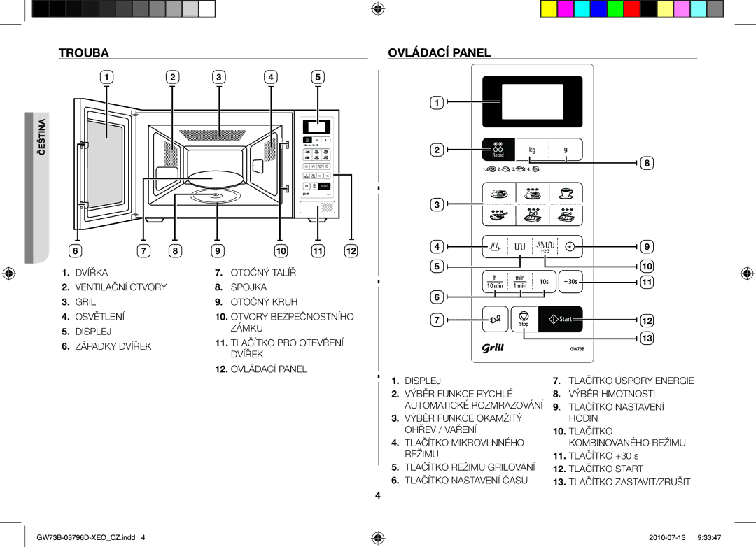 Samsung GW73B/ELE, GW73B/XET, GW73B/XEO manual Trouba Ovládací panel, Tlačítko +30 s 