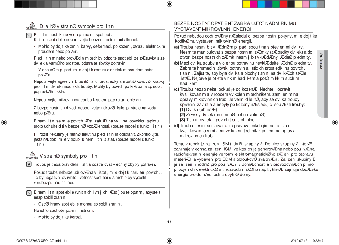 Samsung GW73B/XEO, GW73B/XET Varování Důležité výstražné symboly pro čištění, Upozornění Výstražné symboly pro čištění 