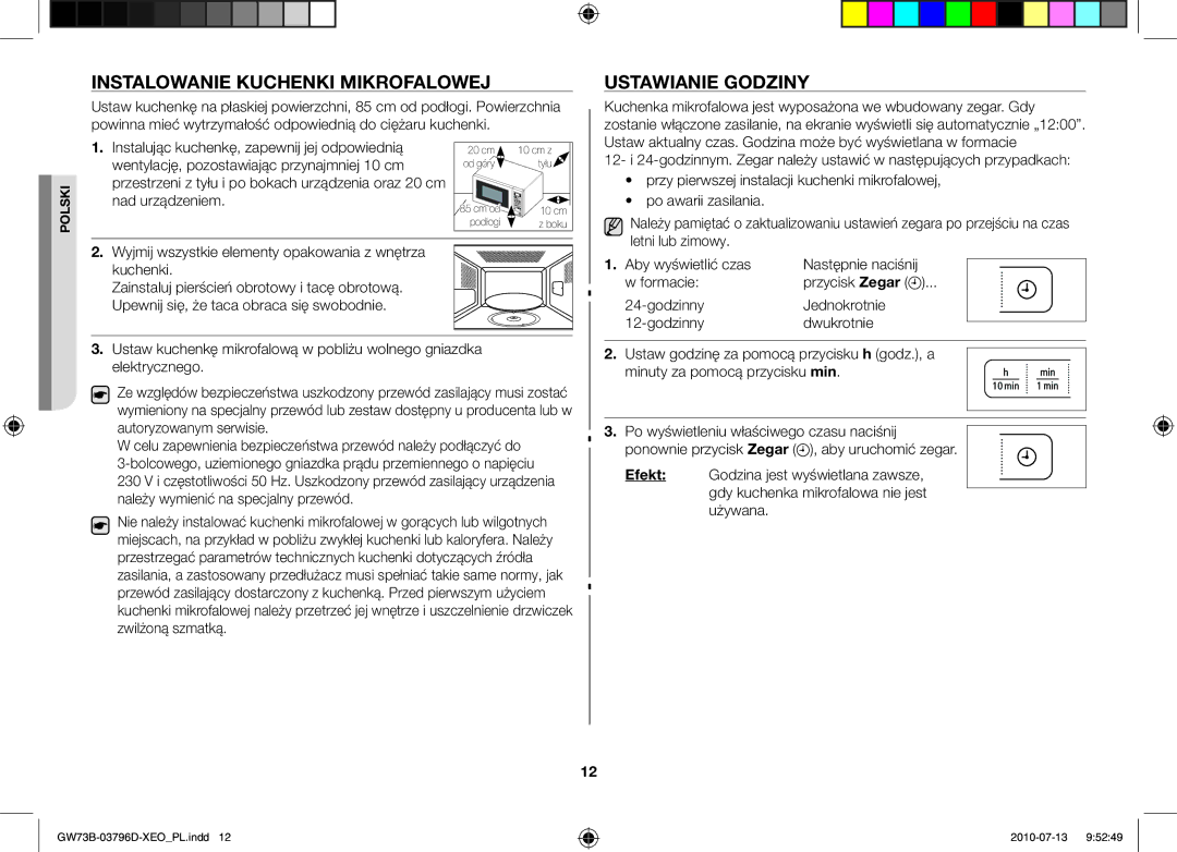 Samsung GW73B/XET Instalowanie kuchenki mikrofalowej Ustawianie godziny, Aby wyświetlić czas Następnie naciśnij Formacie 