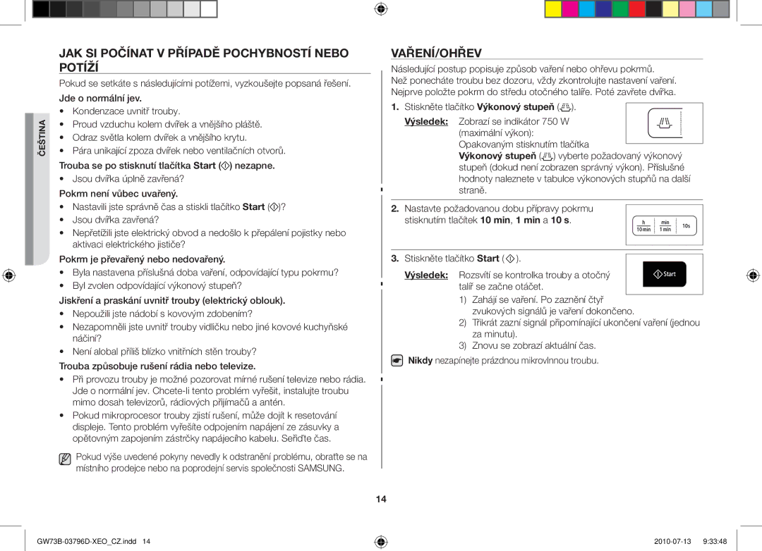 Samsung GW73B/XEO, GW73B/XET, GW73B/ELE manual Jak si počínat v případě pochybností nebo potíží, Vaření/Ohřev 