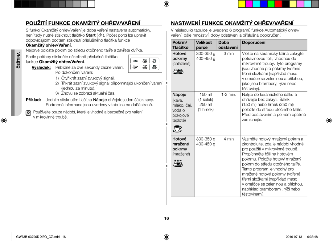 Samsung GW73B/ELE, GW73B/XET, GW73B/XEO manual Použití funkce Okamžitý ohřev/Vaření, Nastavení funkce Okamžitý ohřev/Vaření 