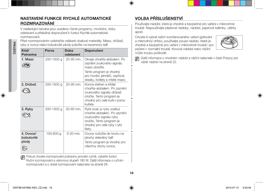 Samsung GW73B/XET, GW73B/ELE, GW73B/XEO manual Nastavení funkce rychlé automatické rozmrazování, Volba příslušenství 