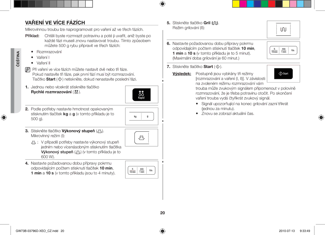 Samsung GW73B/XEO, GW73B/XET, GW73B/ELE manual Vaření ve více fázích, Jednou nebo vícekrát stiskněte tlačítko 