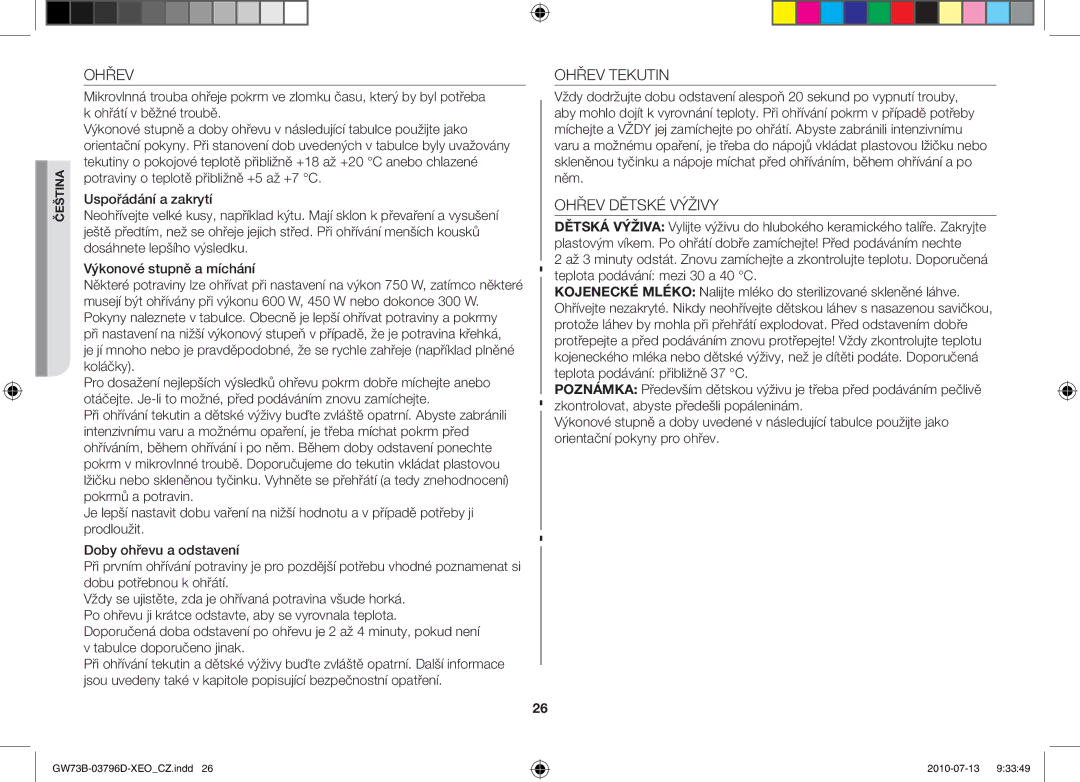 Samsung GW73B/XEO, GW73B/XET, GW73B/ELE manual Ohřev Tekutin, Ohřev Dětské Výživy 