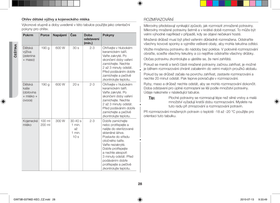 Samsung GW73B/ELE, GW73B/XET, GW73B/XEO manual Rozmrazování, Občas potravinu zkontrolujte a ujistěte se, že není zahřátá 