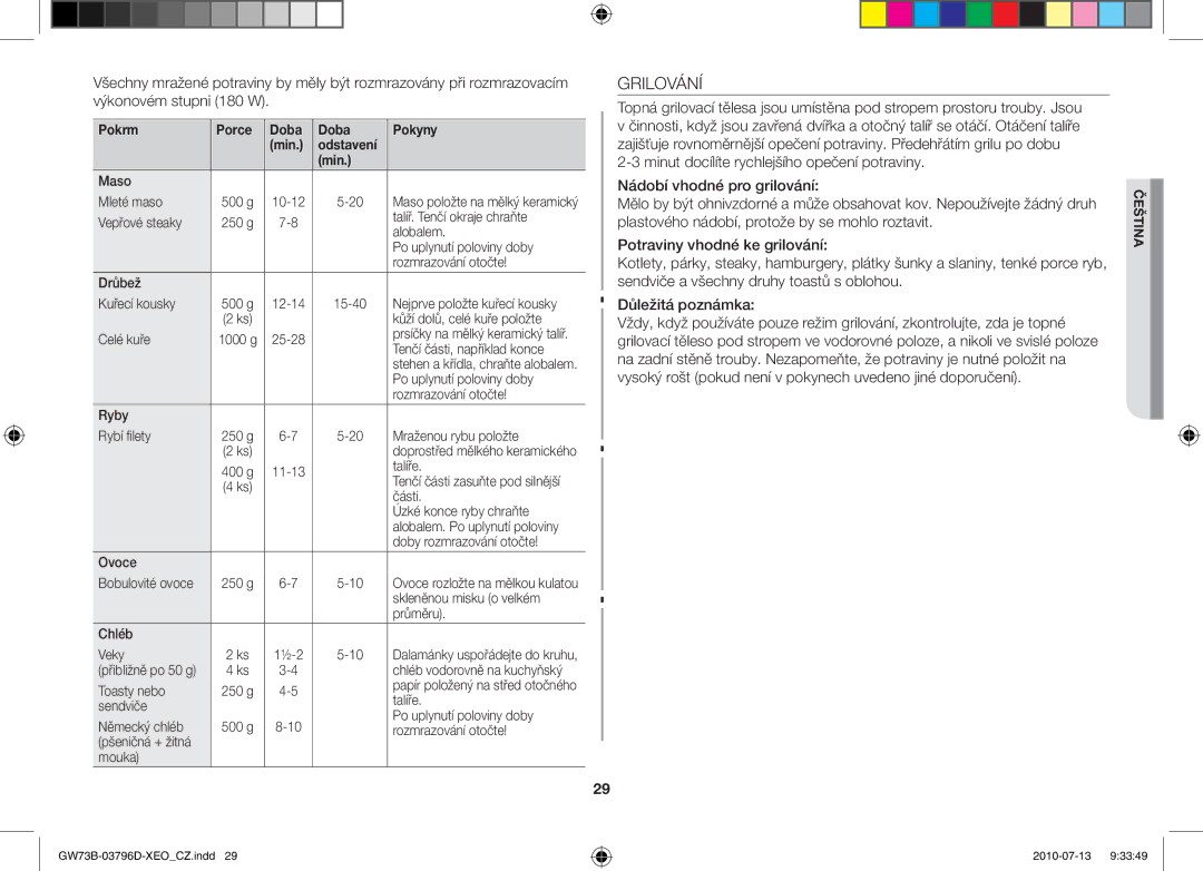 Samsung GW73B/XEO, GW73B/XET, GW73B/ELE manual Grilování, Pokrm Porce Doba Pokyny Min Odstavení 