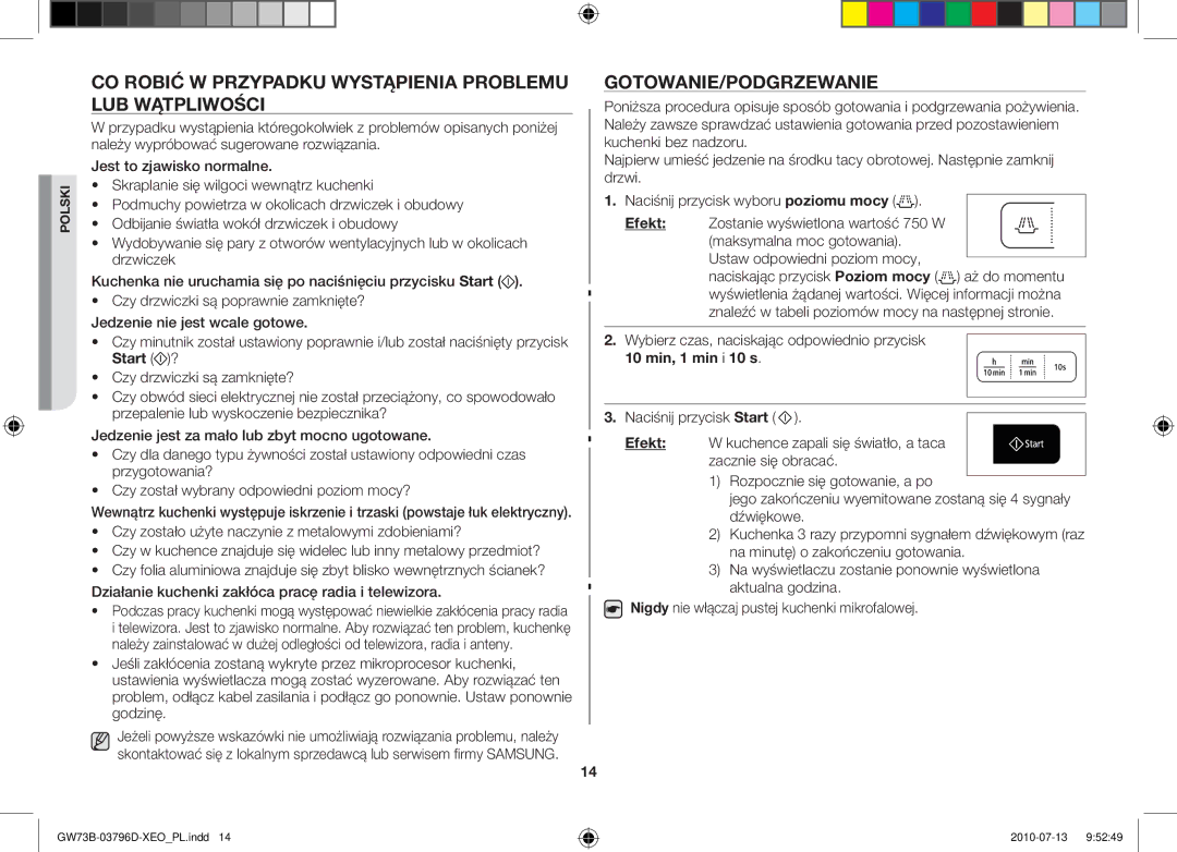 Samsung GW73B/XEO manual Co robić w przypadku wystąpienia problemu lub wątpliwości, Gotowanie/Podgrzewanie, Start ?, Efekt 