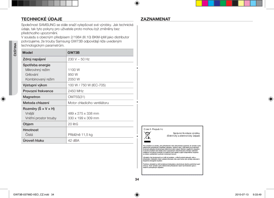 Samsung GW73B/ELE, GW73B/XET, GW73B/XEO manual Technické údaje Zaznamenat, Model 