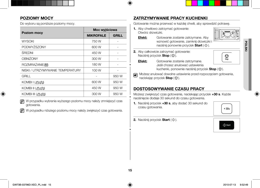 Samsung GW73B/XET, GW73B/ELE manual Poziomy mocy, Zatrzymywanie pracy kuchenki, Dostosowywanie czasu pracy, Moc wyjściowa 