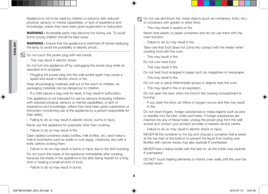 Samsung GW73B/XEO, GW73B/XET, GW73B/ELE manual This may result in fire. Do not over-heat food 