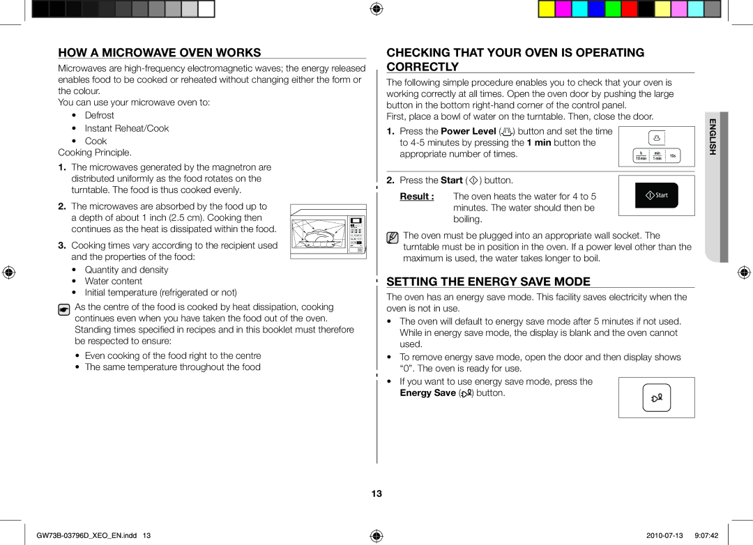 Samsung GW73B/ELE How a microwave oven works, Checking that your oven is operating correctly, Setting the energy save mode 