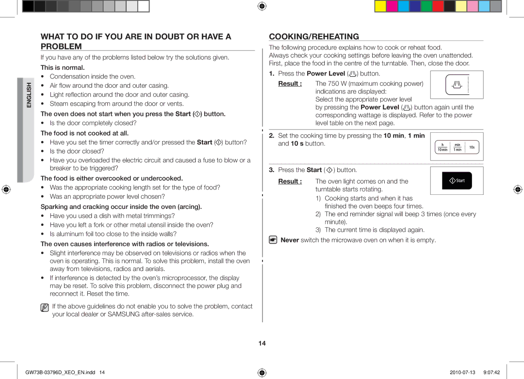 Samsung GW73B/XEO, GW73B/XET, GW73B/ELE manual What to do if you are in doubt or have a problem, Cooking/Reheating, Result 