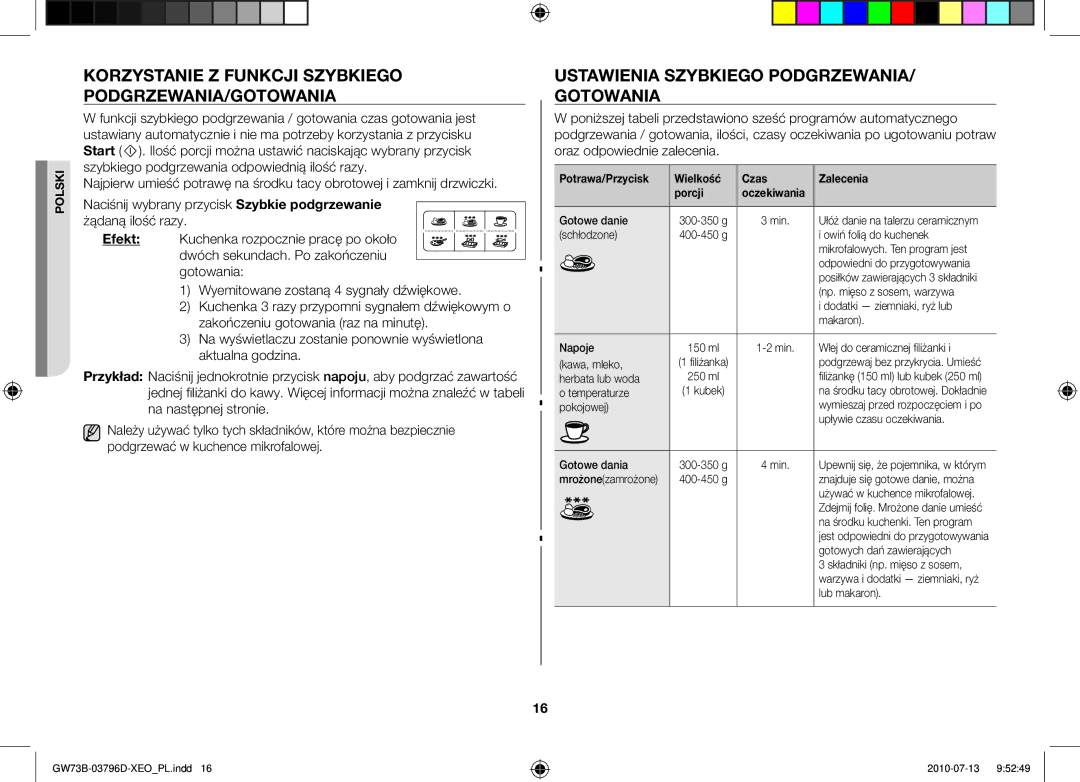 Samsung GW73B/ELE Korzystanie z funkcji szybkiego podgrzewania/gotowania, Ustawienia szybkiego podgrzewania/ gotowania 