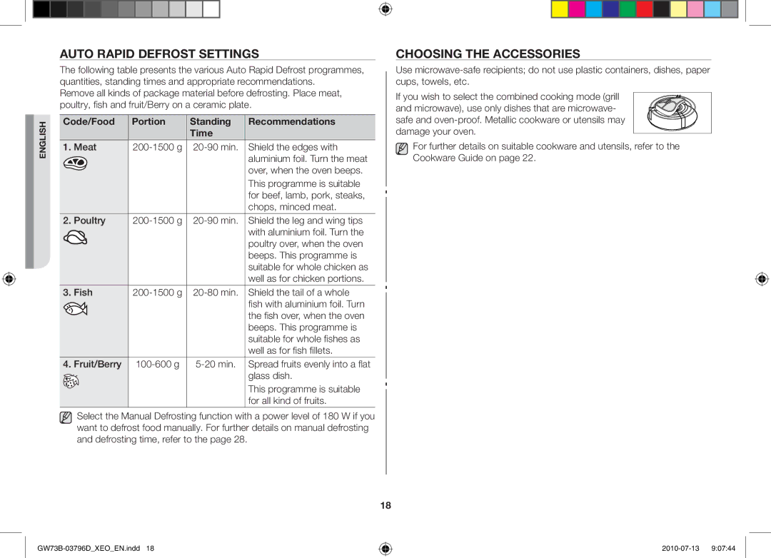 Samsung GW73B/XET Auto rapid defrost settings, Choosing the accessories, Code/Food Portion Standing Recommendations Time 