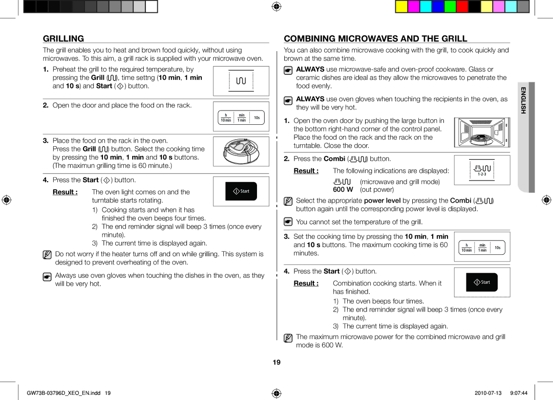 Samsung GW73B/ELE, GW73B/XET, GW73B/XEO manual Grilling, Combining microwaves and the grill 