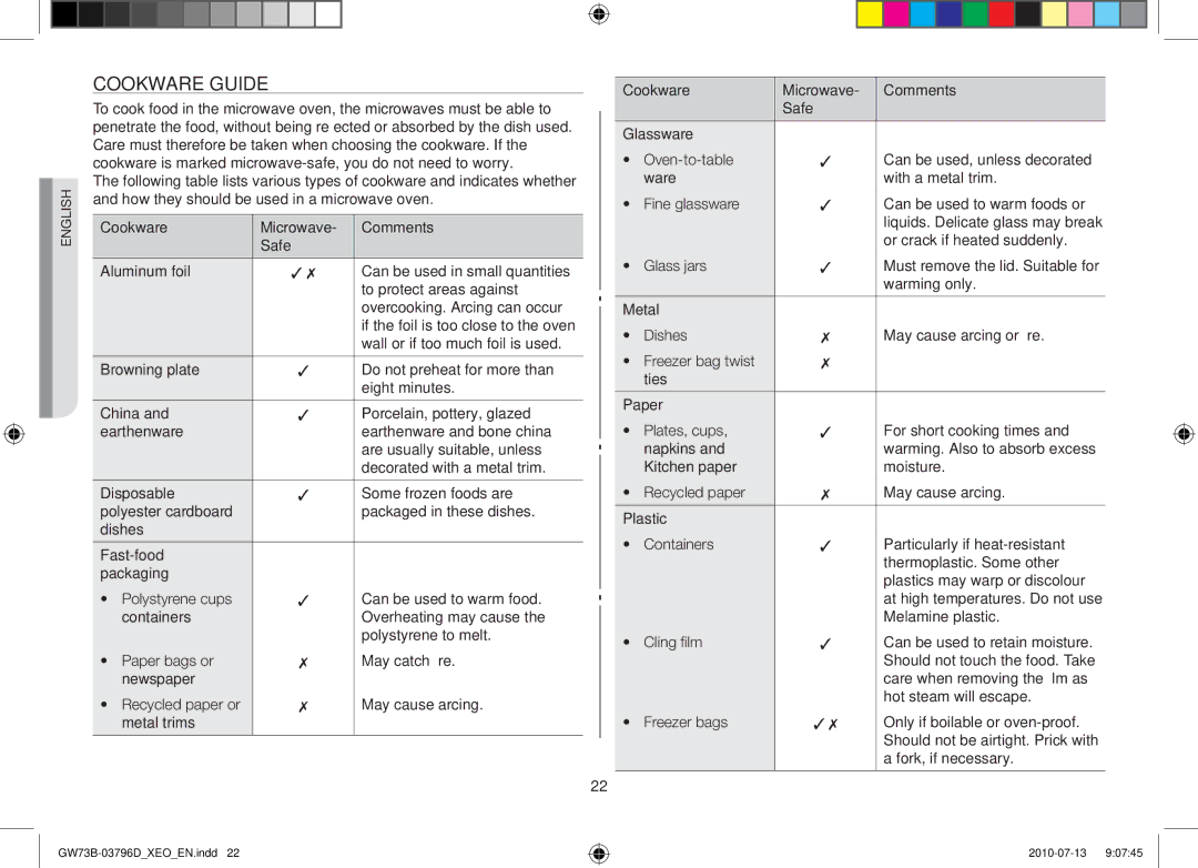 Samsung GW73B/ELE, GW73B/XET, GW73B/XEO manual Cookware guide 