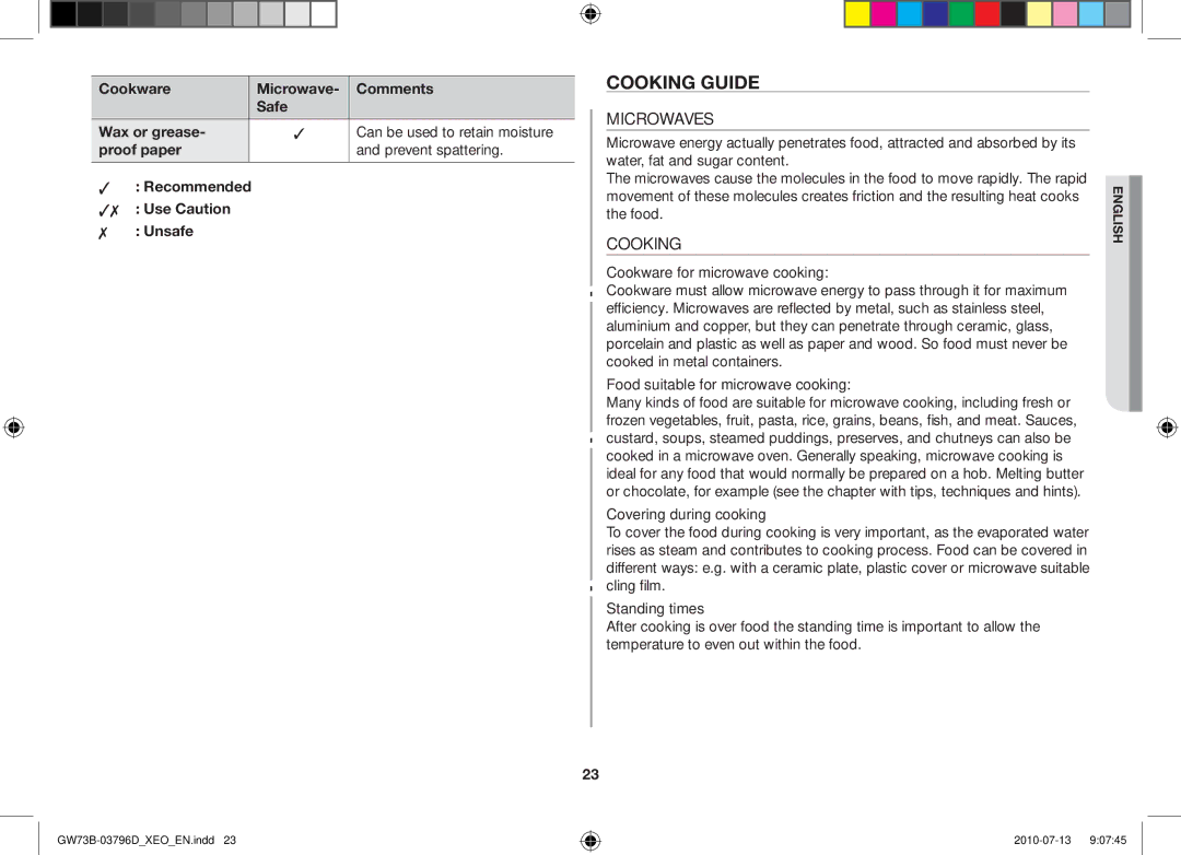 Samsung GW73B/XEO, GW73B/XET, GW73B/ELE manual Cooking guide, Microwaves 