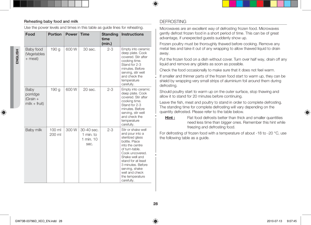 Samsung GW73B/ELE, GW73B/XET, GW73B/XEO manual Defrosting 