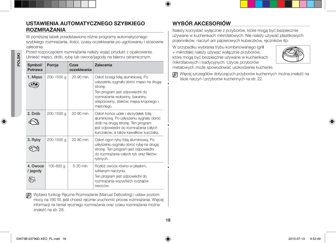 Samsung GW73B/XET, GW73B/ELE, GW73B/XEO manual Ustawienia automatycznego szybkiego rozmrażania, Wybór akcesoriów 