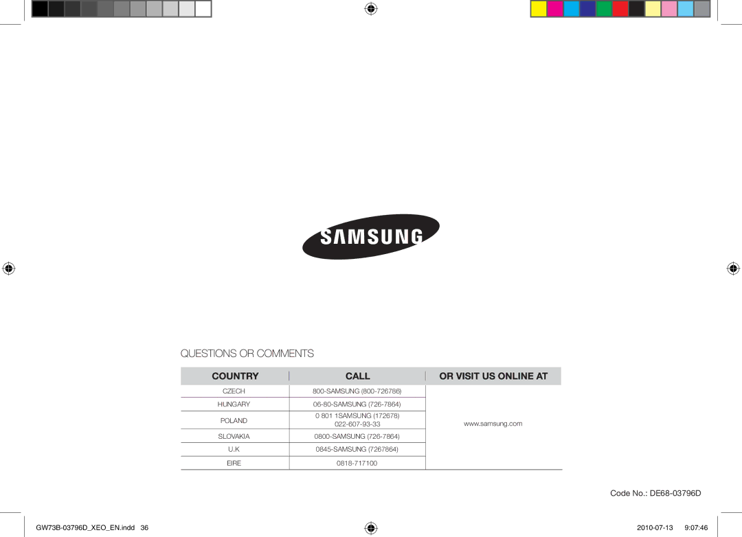 Samsung GW73B/XET, GW73B/ELE, GW73B/XEO manual Code No. DE68-03796D 