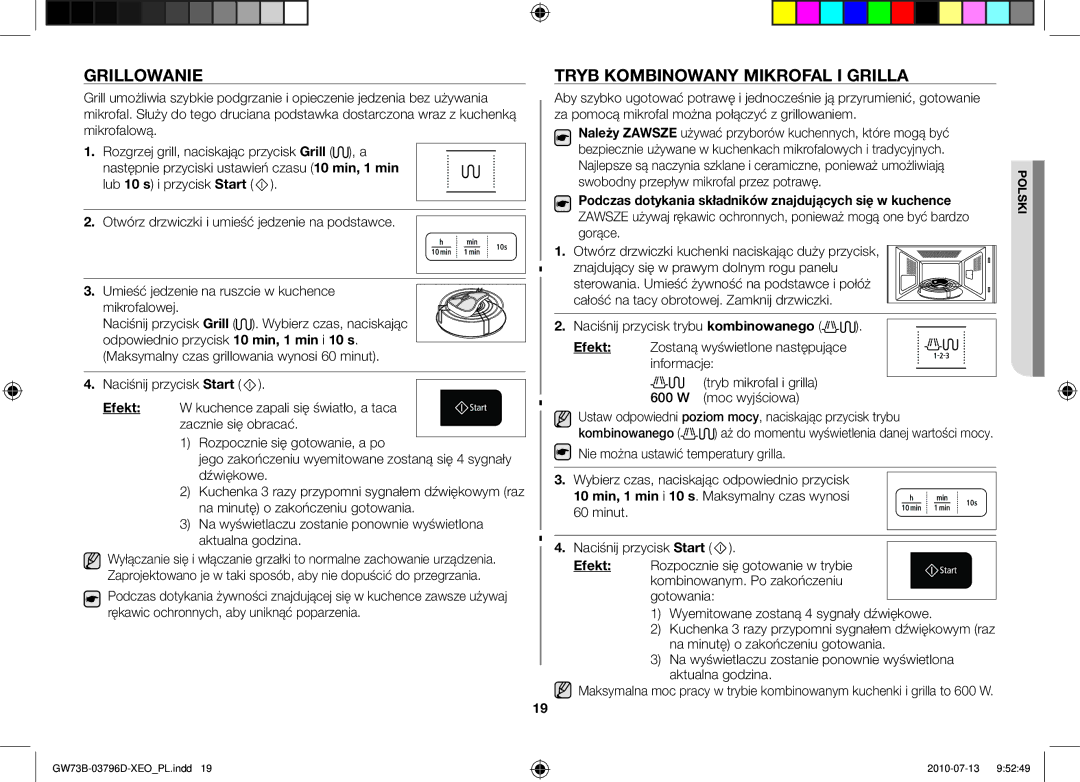 Samsung GW73B/ELE, GW73B/XET, GW73B/XEO manual Grillowanie, Tryb kombinowany mikrofal i grilla 