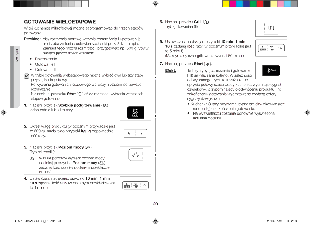 Samsung GW73B/XEO, GW73B/XET, GW73B/ELE Gotowanie wieloetapowe, Ilość razy Naciśnij przycisk Poziom mocy Tryb mikrofaliI 