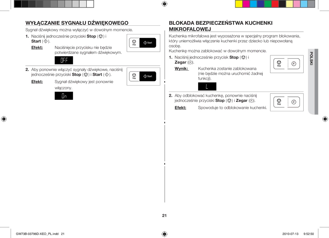 Samsung GW73B/XET, GW73B/ELE Wyłączanie sygnału dźwiękowego, Blokada bezpieczeństwa kuchenki Mikrofalowej, Start, Zegar 