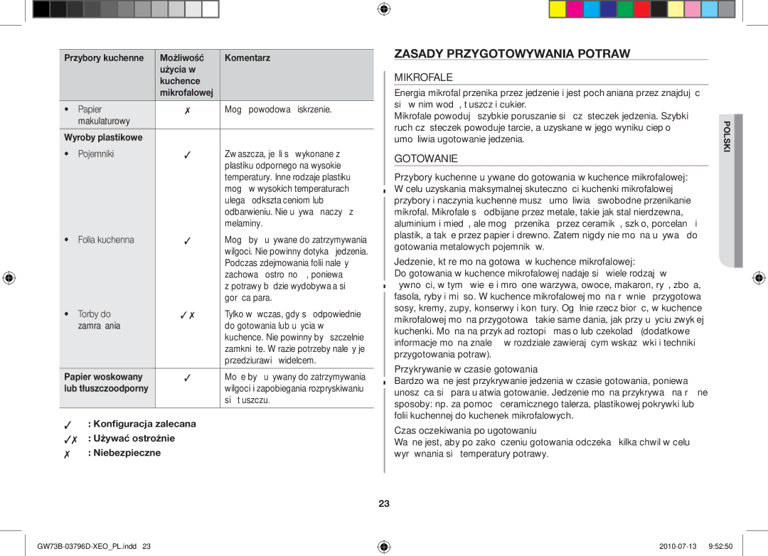 Samsung GW73B/XEO, GW73B/XET, GW73B/ELE manual Zasady przygotowywania potraw, Mikrofale, Gotowanie 