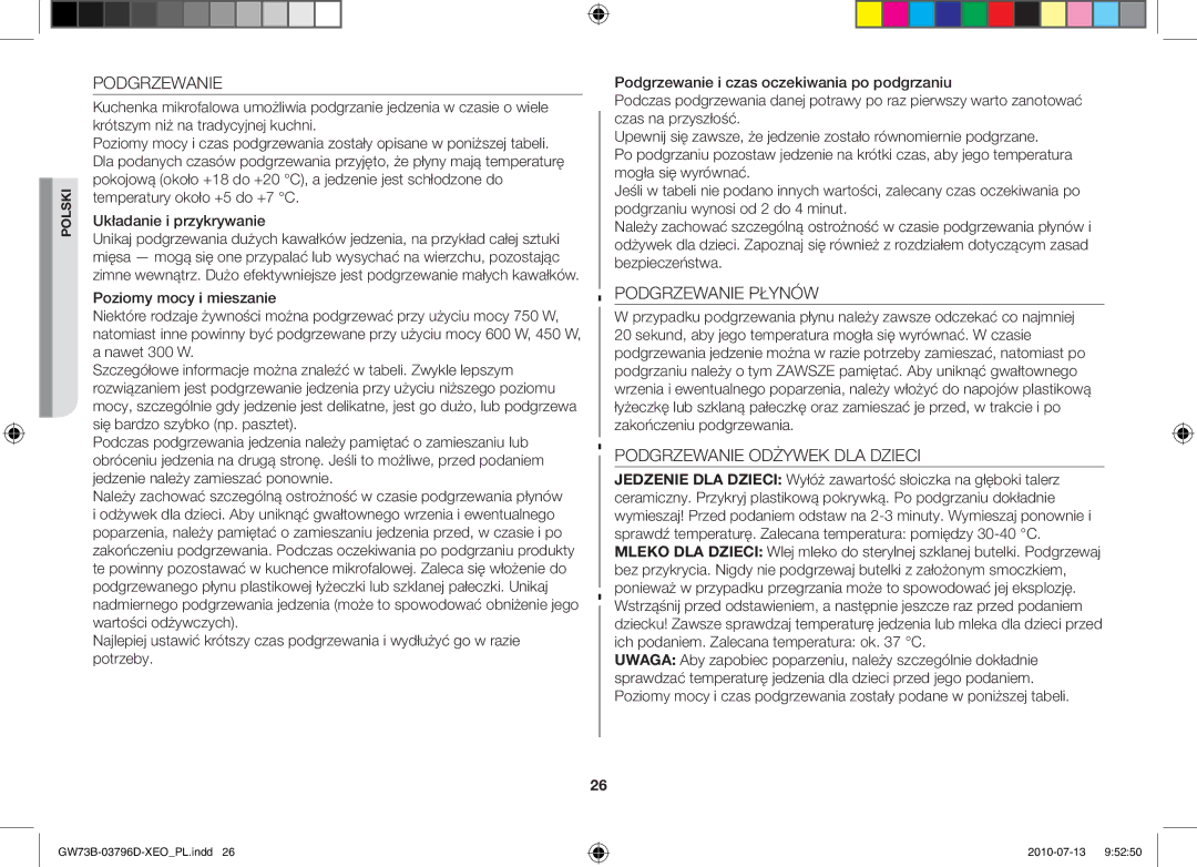 Samsung GW73B/XEO, GW73B/XET, GW73B/ELE manual Podgrzewanie Płynów, Podgrzewanie Odżywek DLA Dzieci 