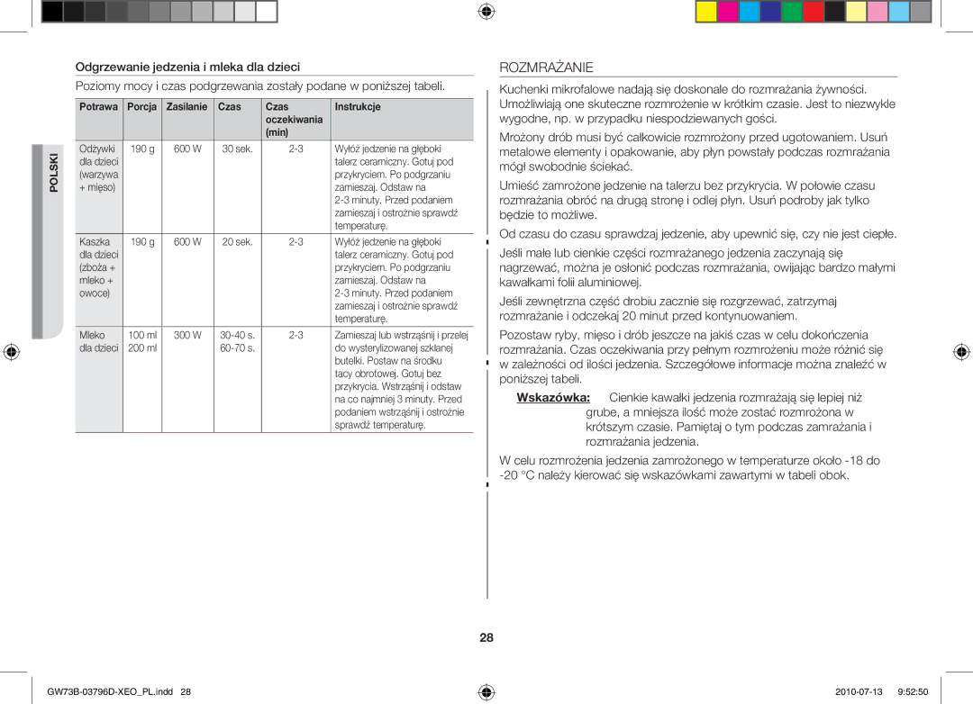 Samsung GW73B/ELE, GW73B/XET, GW73B/XEO manual Rozmrażanie, Potrawa Porcja Zasilanie Czas Instrukcje Oczekiwania Min 